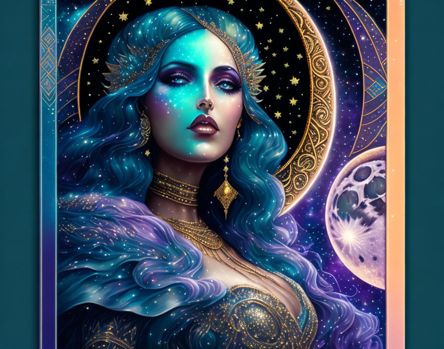 Digital Artwork: Mystical Woman with Blue Hair and Golden Halo in Celestial Theme