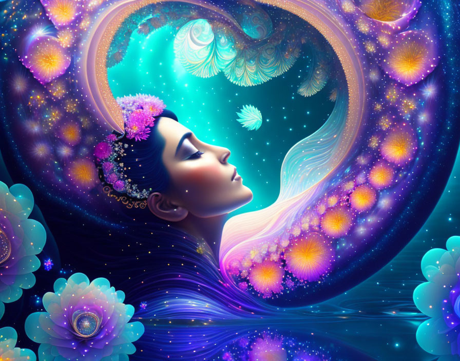 Digital artwork of woman with cosmic features in surreal setting