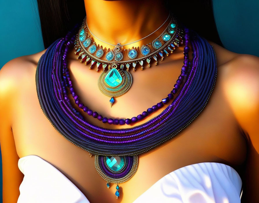 Layered Turquoise and Purple Beaded Necklaces on Woman in White Dress