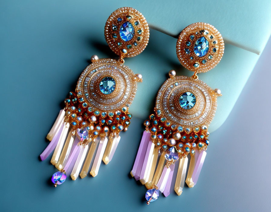 Blue Gemstone Chandelier Earrings with Golden Beads and Fringe