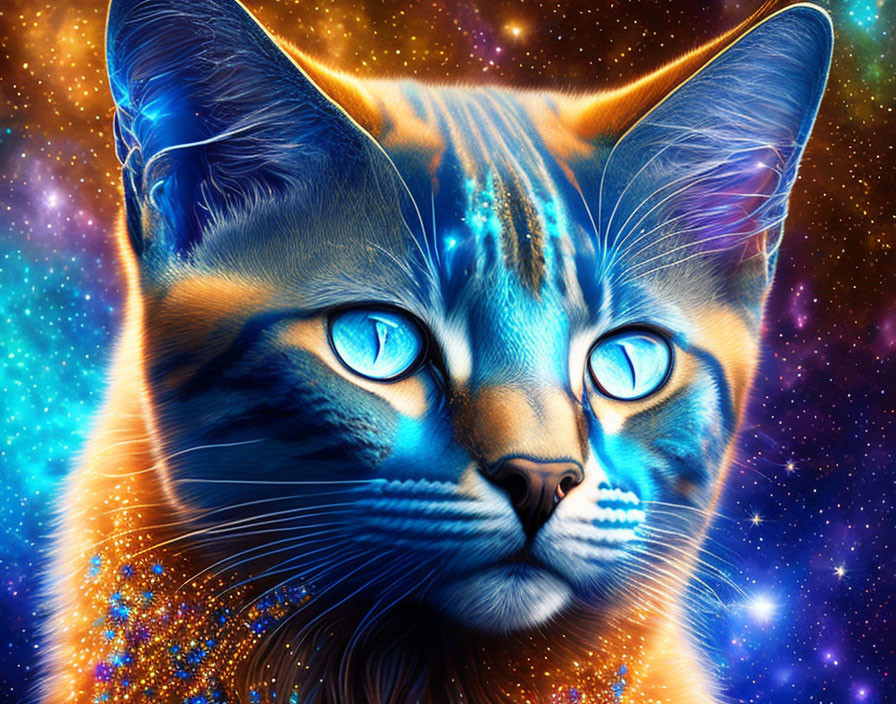 Digital Artwork: Cat with Blue Eyes in Cosmic Setting