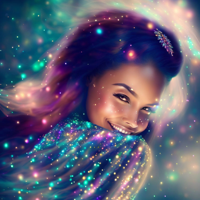 Illustrated woman with cosmic lights on nebula background