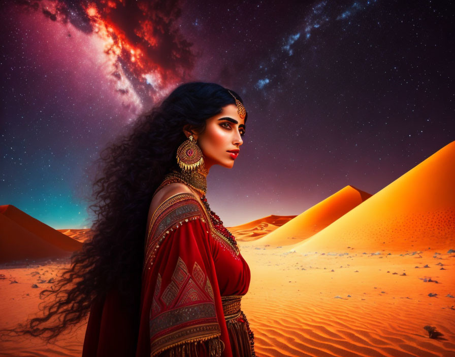 Traditional attire woman in desert twilight with striking jewelry and vibrant skies.