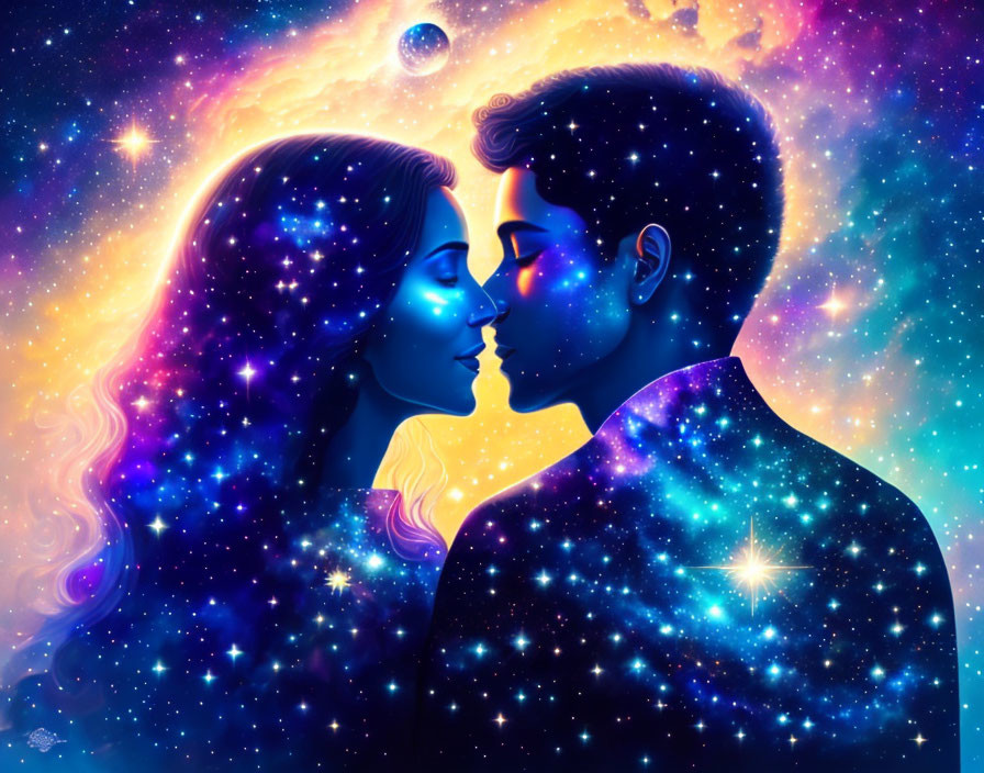 Man and woman in profile against cosmic background with stars and nebulae.