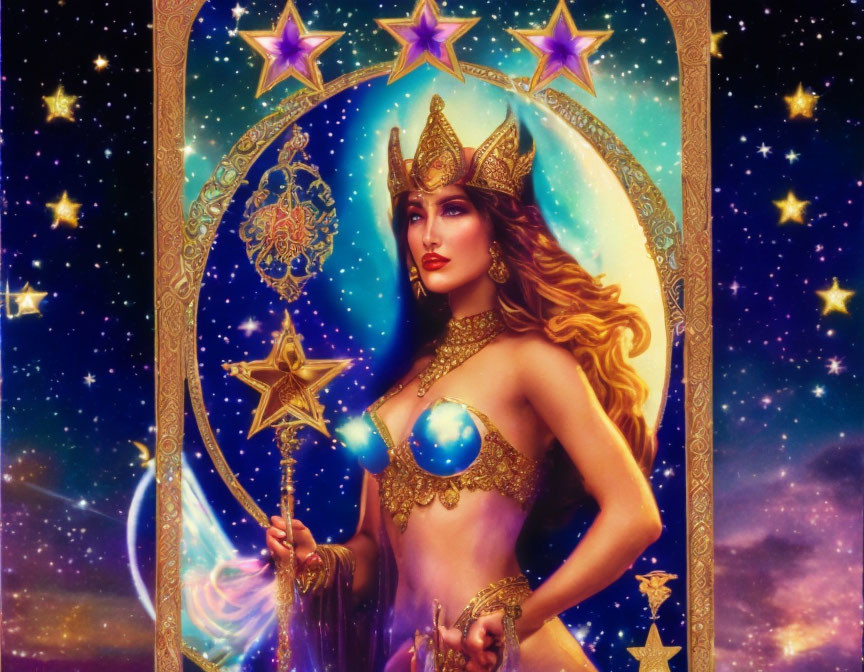 Regal woman in golden attire with cosmic motifs and scepter under celestial archway