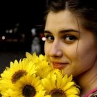 Digital Painting: Woman with Green Eyes, Yellow Flowers, Pink Blossoms, and Butterflies on Dark