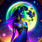 Celestial-themed illustration of a woman with moon and stars on vibrant cosmic backdrop