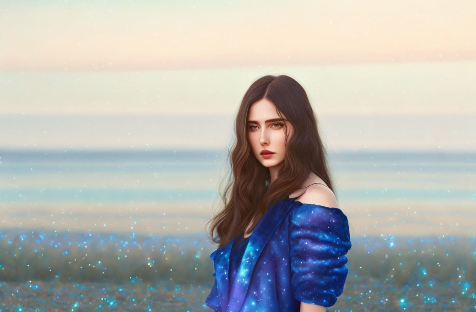 Dark-haired woman gazes over shoulder in serene starry twilight setting