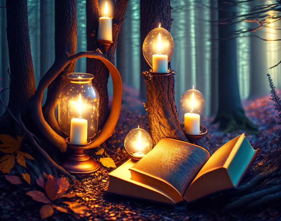 Open book in mystical forest with candles, lantern, fallen leaves, slender trees