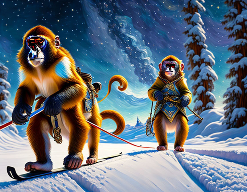 Anthropomorphized monkeys skiing on snowy landscape at night