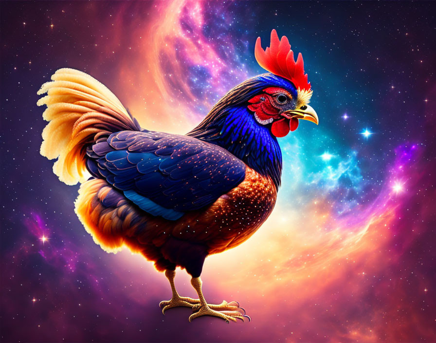 Colorful Rooster Against Cosmic Space Background