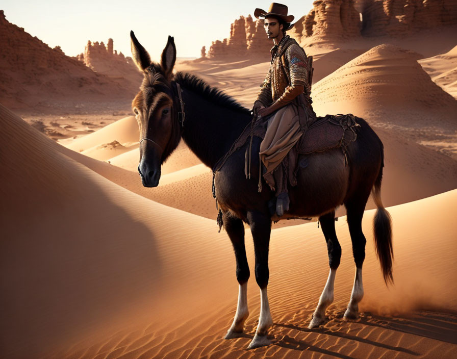 Cowboy riding donkey in desert with sand dunes and rock formations