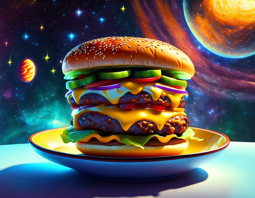 Detailed Hyper-Realistic Cheeseburger Illustration Against Cosmic Background