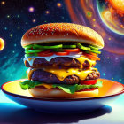 Detailed Hyper-Realistic Cheeseburger Illustration Against Cosmic Background