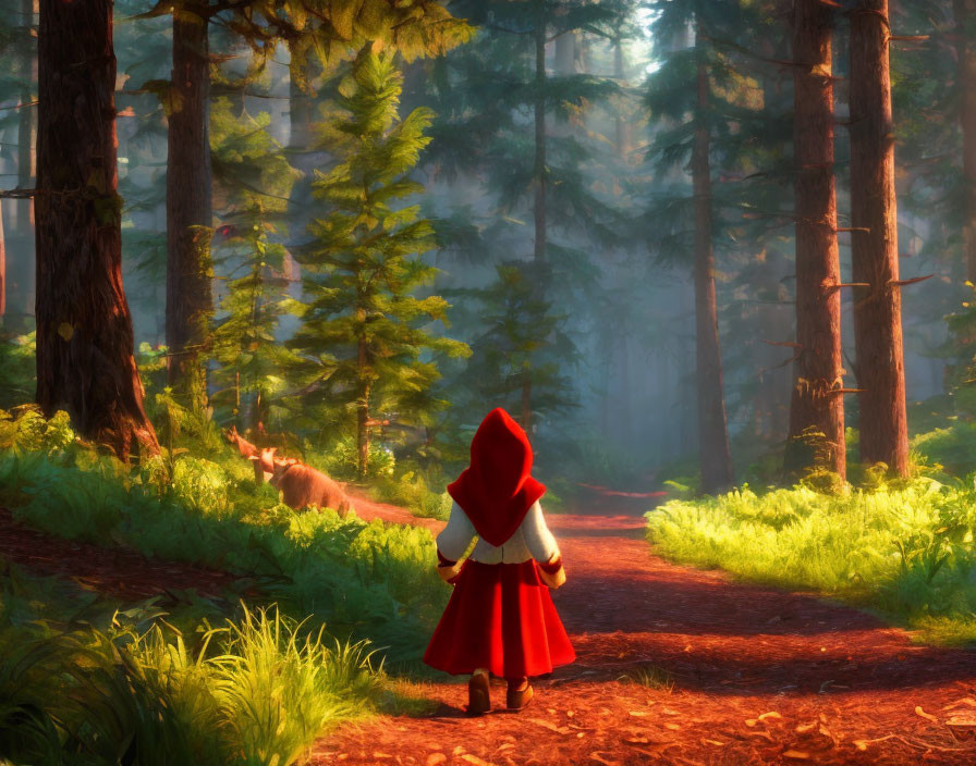 Figure in Red Cloak Walking Through Sunlit Forest with Mist