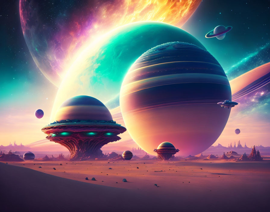 Colorful Sci-Fi Landscape with Planets, Nebulas, and Spaceship