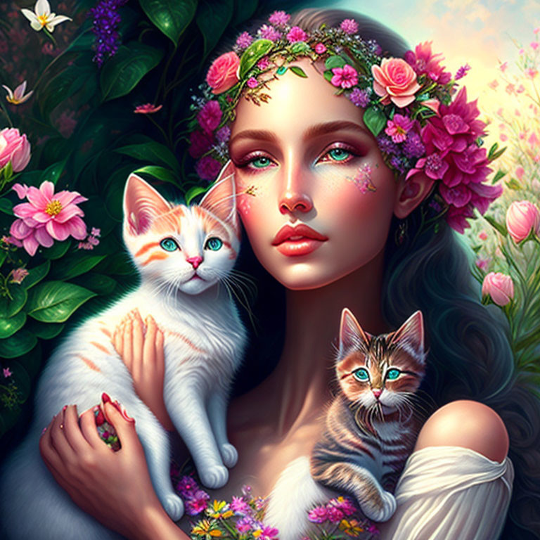 Woman with Floral Crown Holding Two Kittens in Lush Greenery