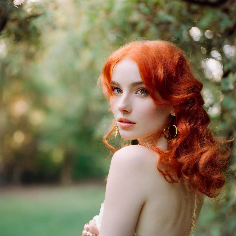 Vibrant red-haired woman in nature portrait.