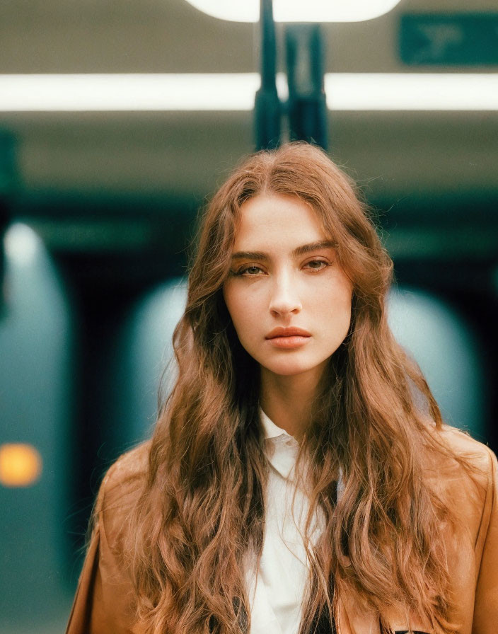 Long-haired woman in tan jacket with neutral expression in front of blurred train carriage