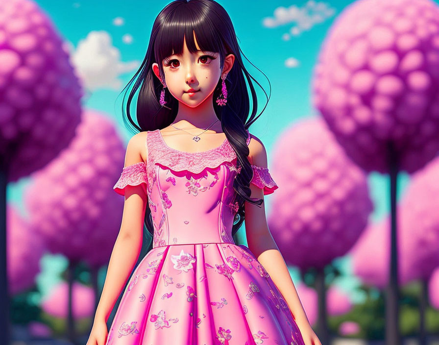 Digital illustration: Girl in pink dress with large eyes, surrounded by purple trees