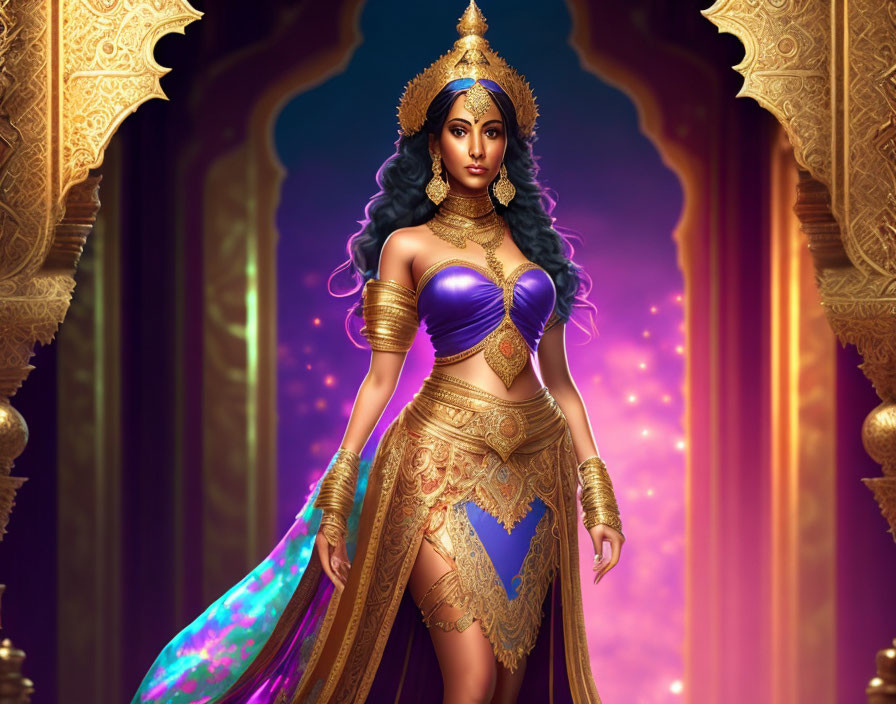 Regal woman in gold and purple attire between grand pillars