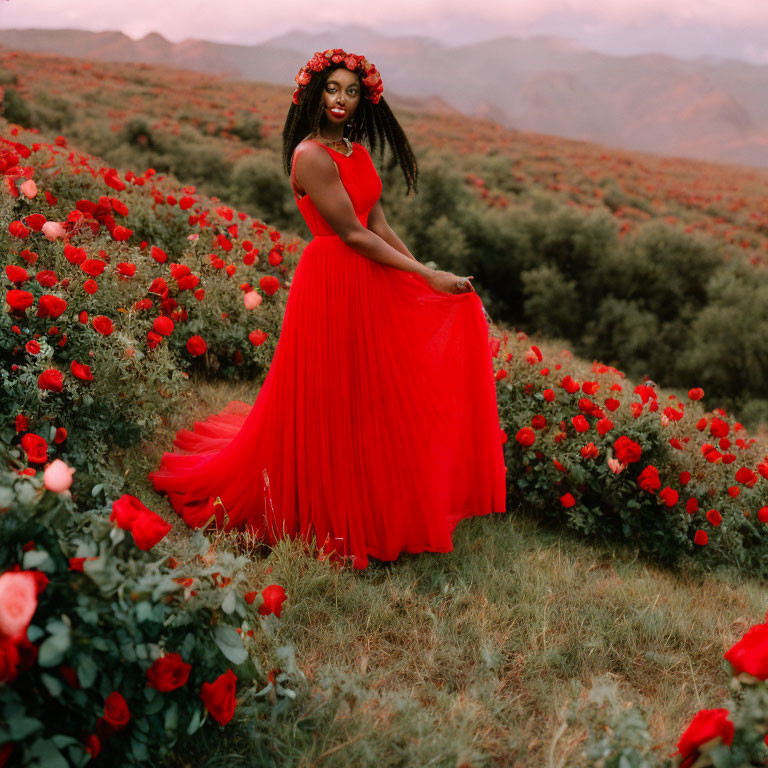 Woman in red dress with floral headpiece in rose field scenery