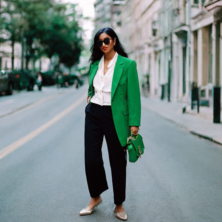 Stylish woman in green blazer, black trousers, sunglasses, and glittery shoes on street