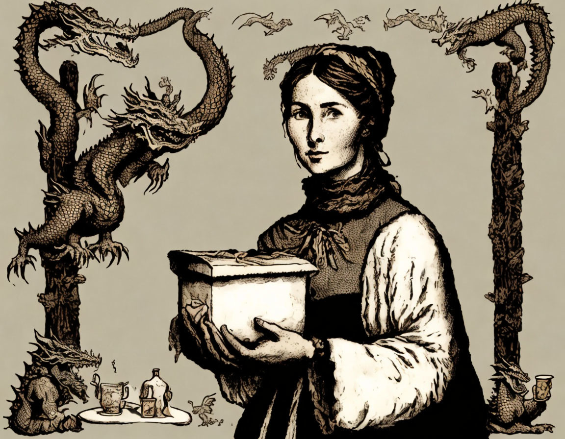 Vintage-style Woman Holding Pot Between Dragon Pillars Illustration