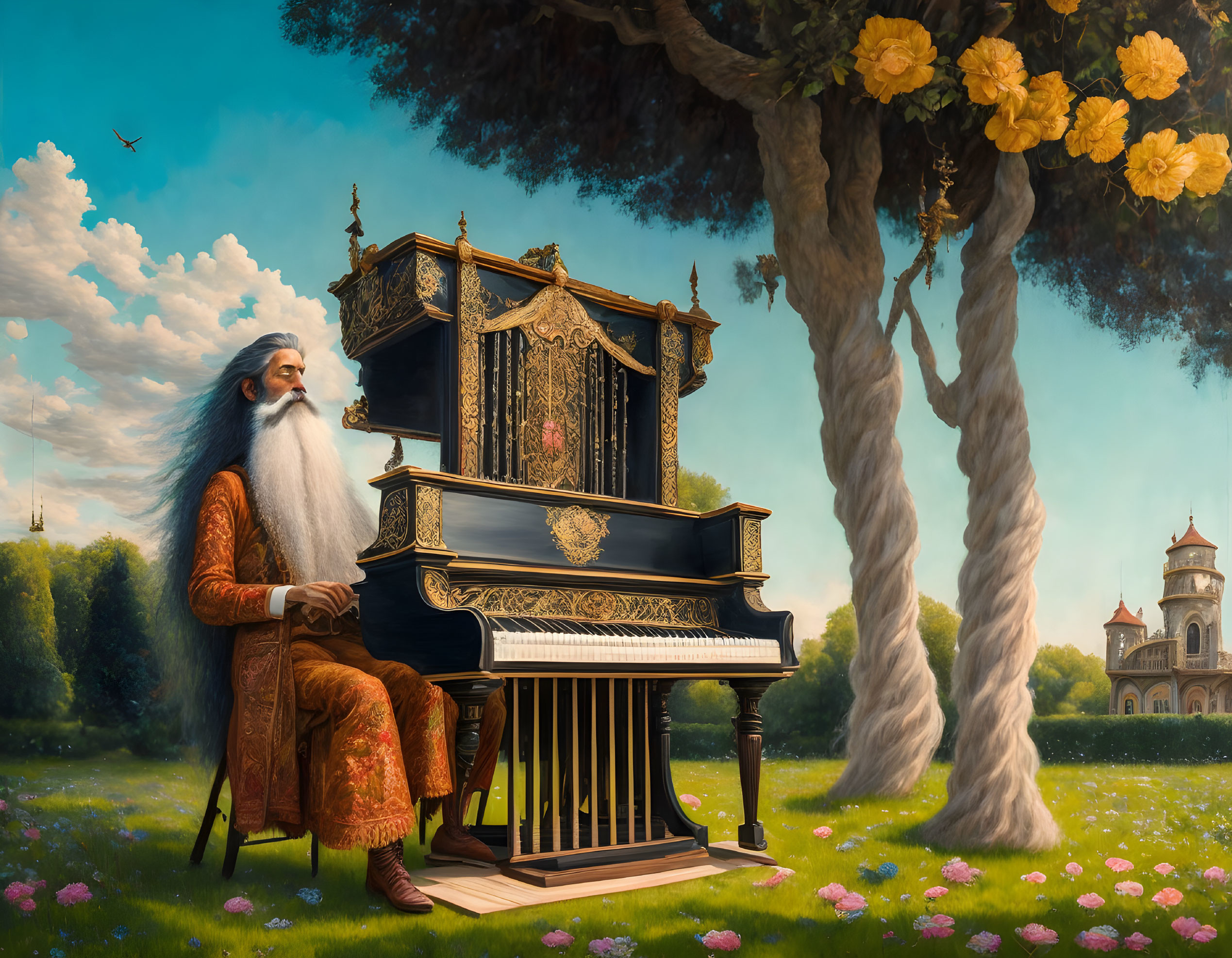 Elderly man with long white beard playing ornate piano in sunlit field