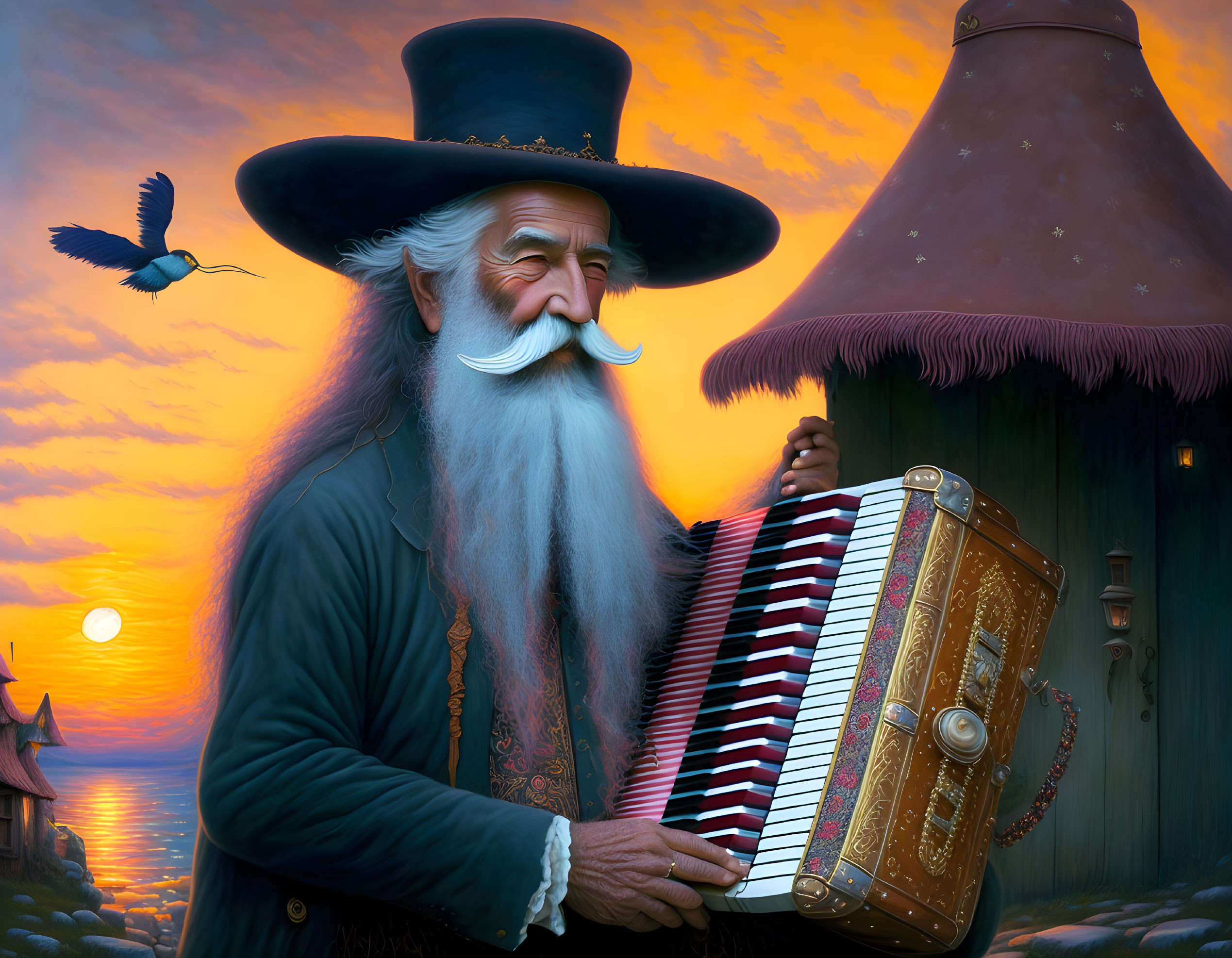 Elderly man with white beard plays accordion by lakeside house at sunset