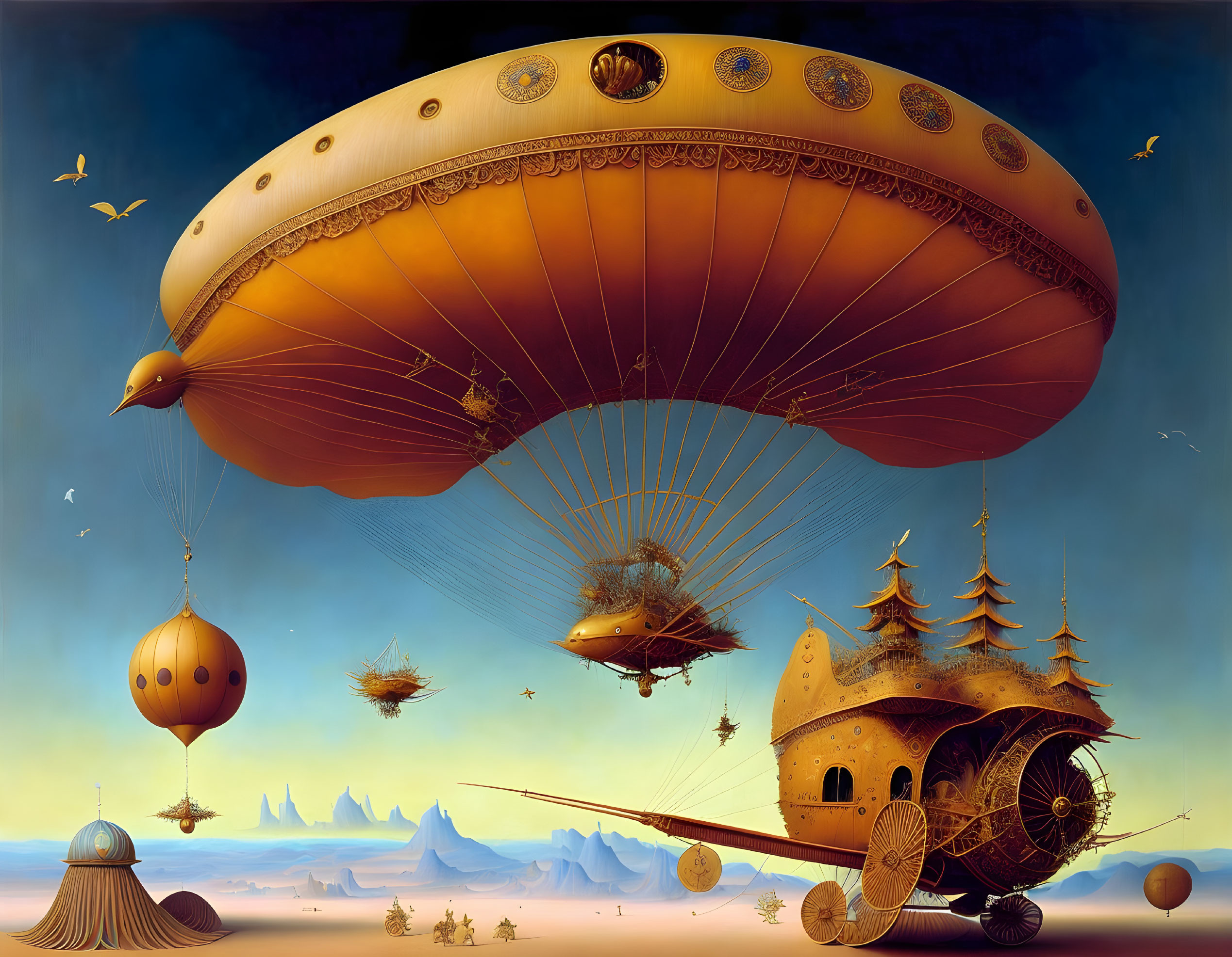 Flying ship with balloon and house on wheels in dreamy sky