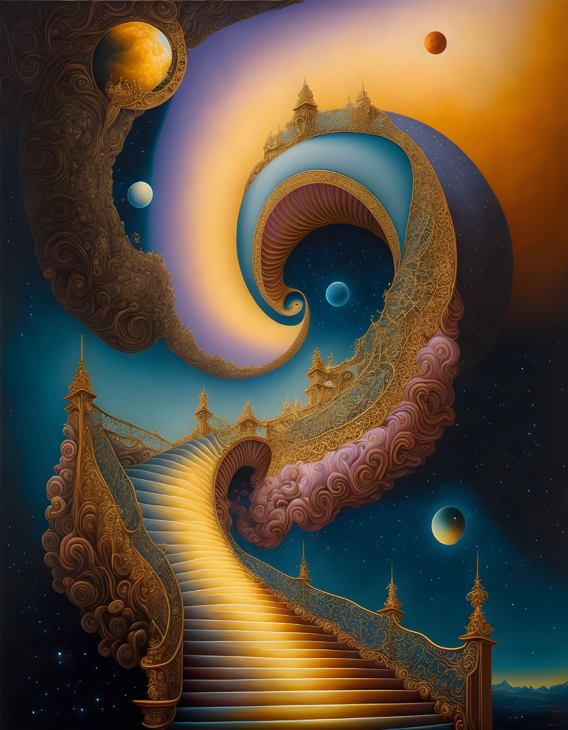 Surreal painting of grand staircase with cosmic elements