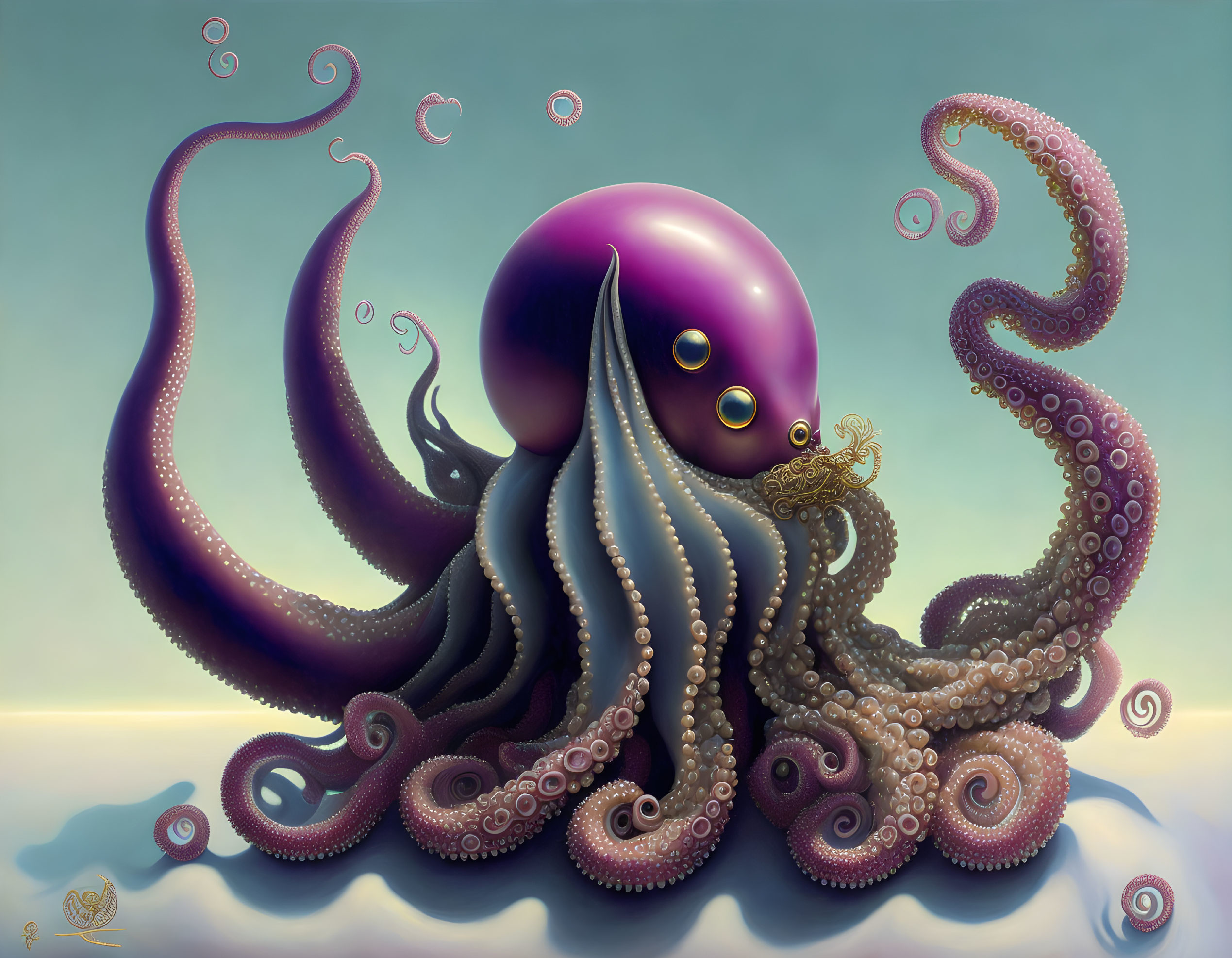 Purple Octopus Painting with Detailed Tentacles and Underwater Background