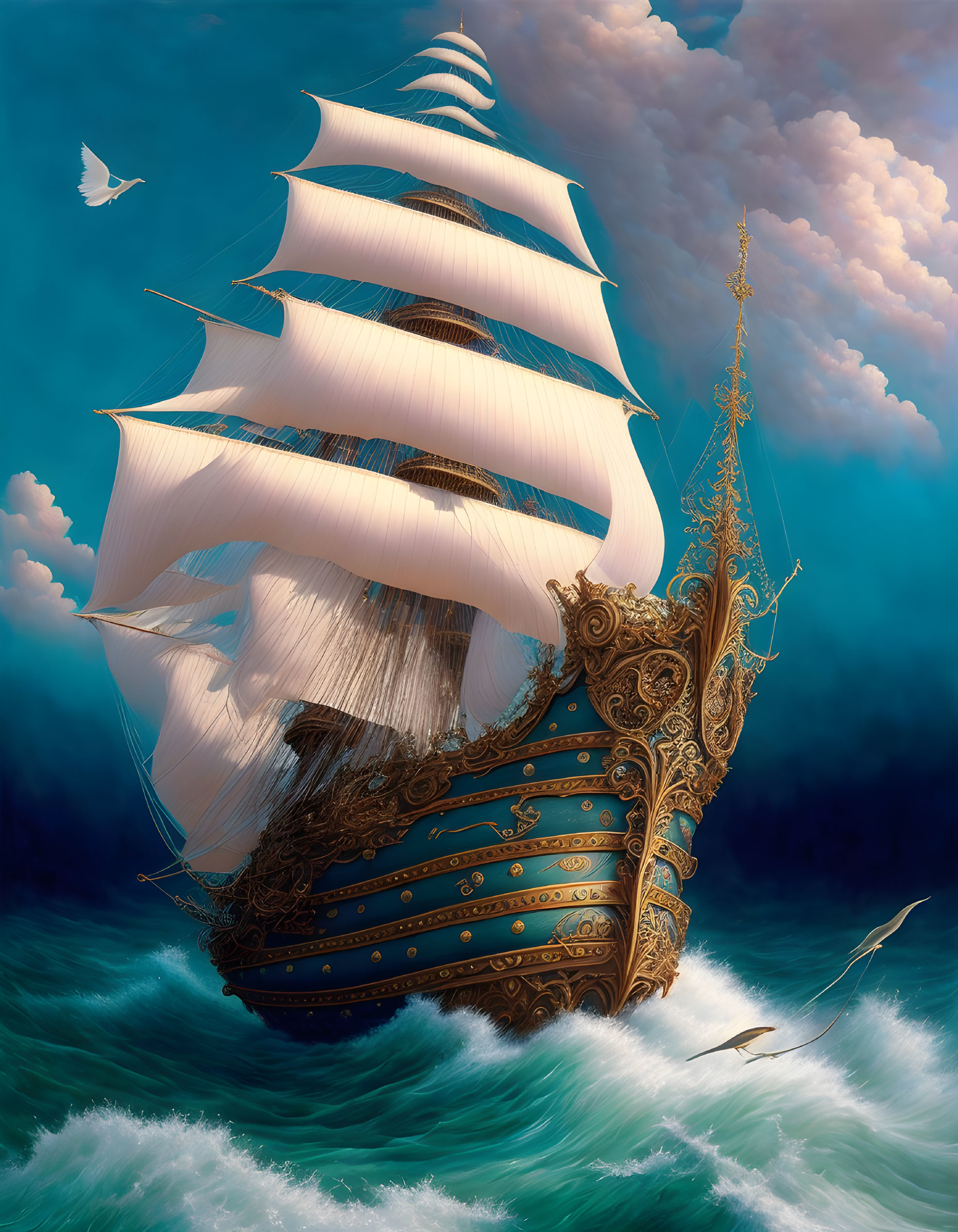 Ornate sailing ship on turbulent blue waters with billowing white sails