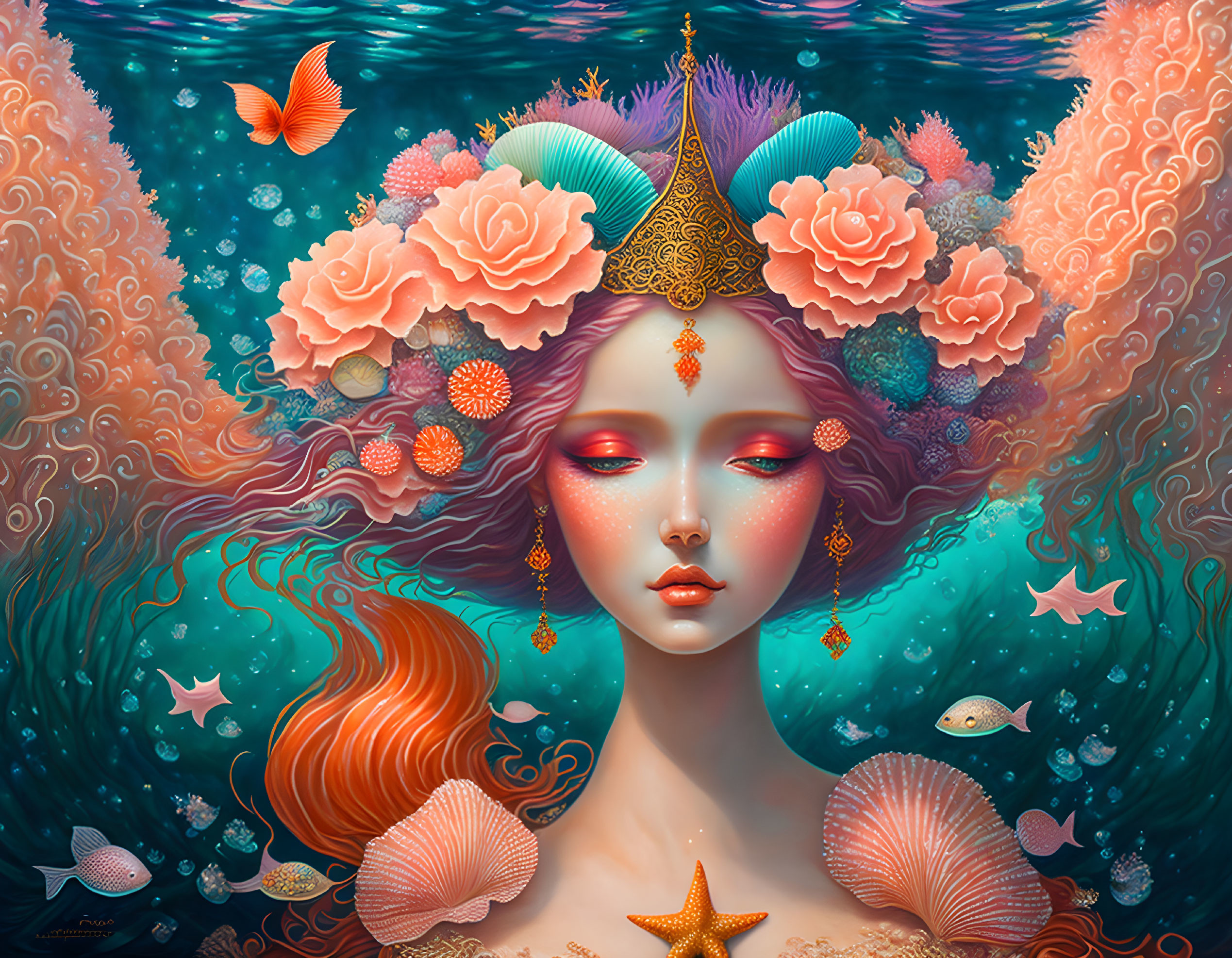 Fantasy-themed illustration of a woman with coral crown and aquatic elements.