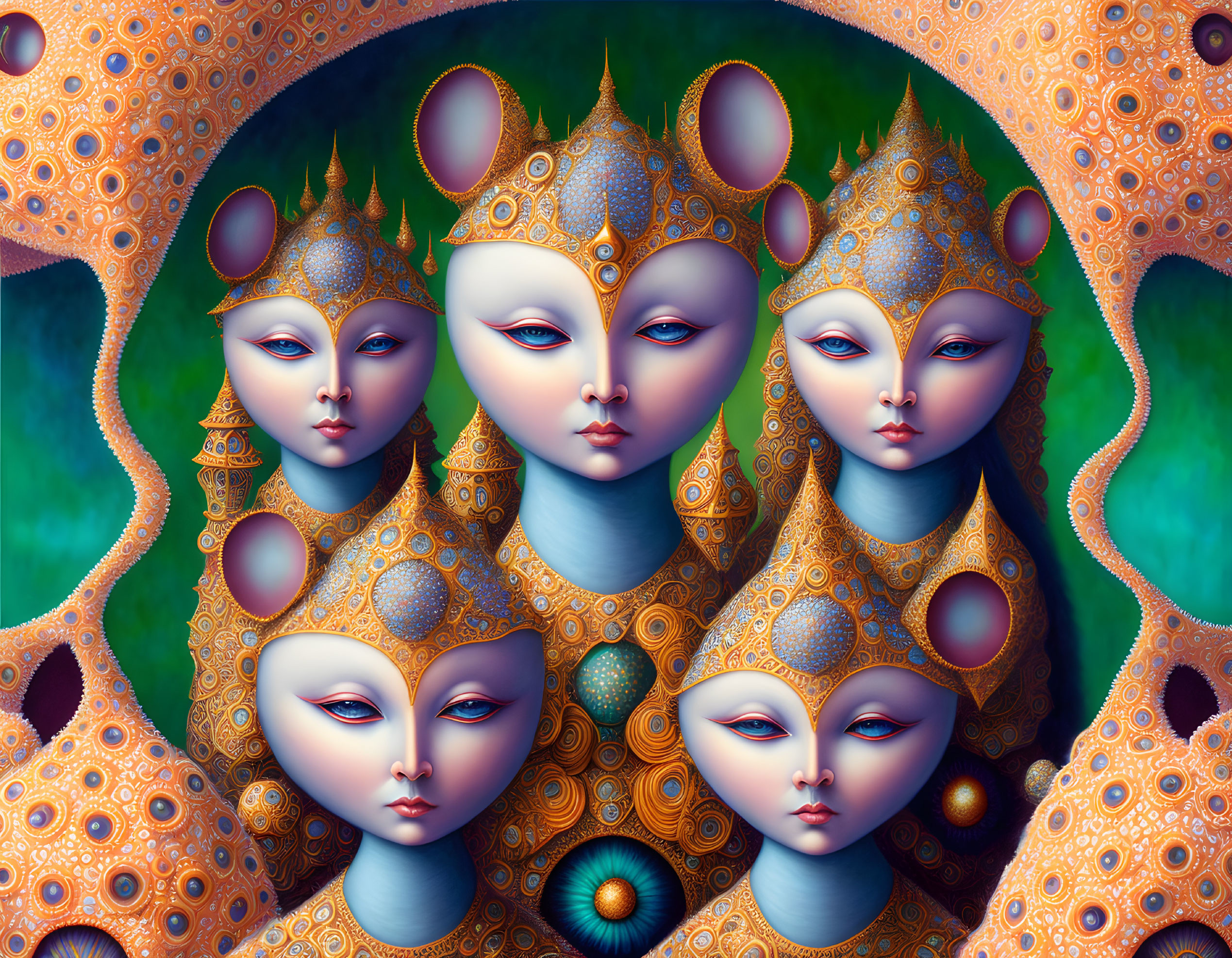 Symmetrical serene faces in detailed blue-green background