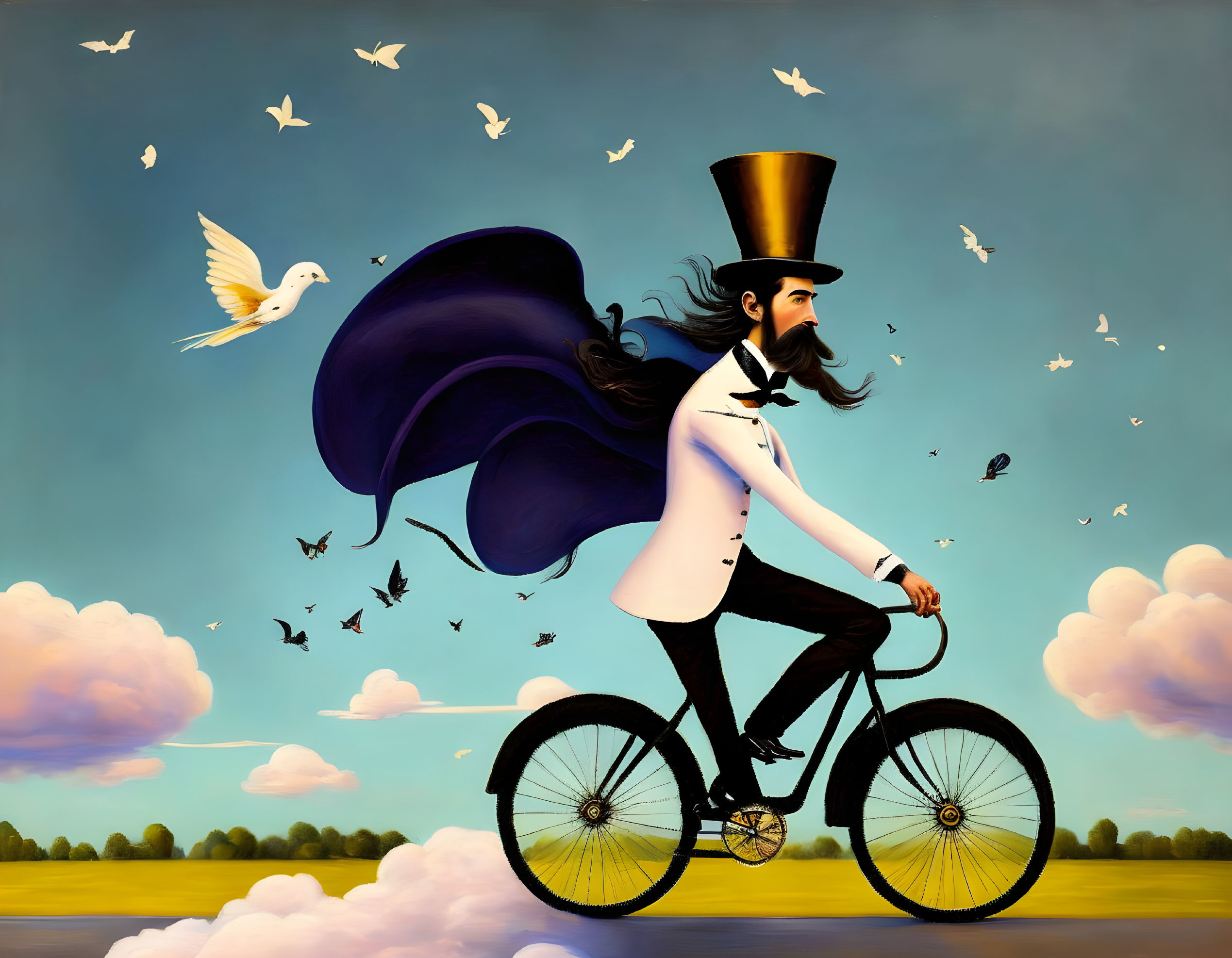 Man with large beard and top hat biking in sky with birds and clouds