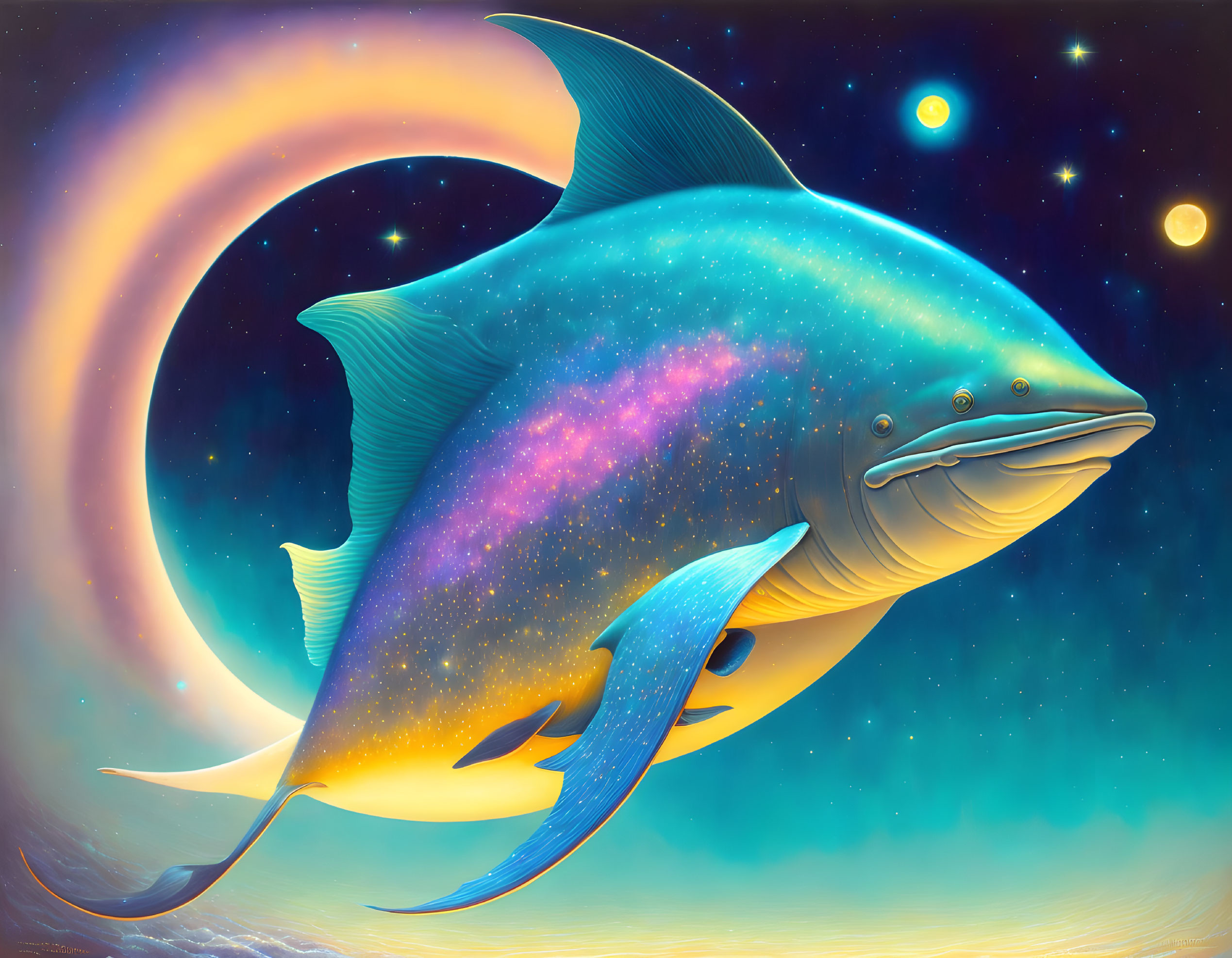 Colorful digital artwork: Cosmic shark swims through star-filled space with luminescent fish.