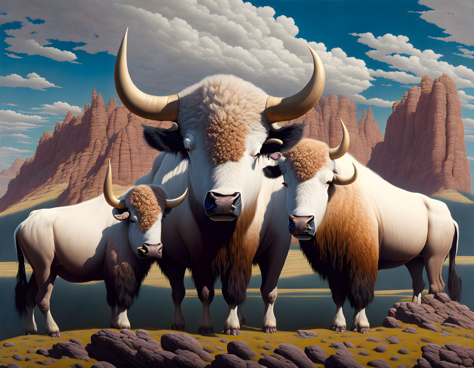 Majestic yaks with curved horns against dramatic red rock backdrop