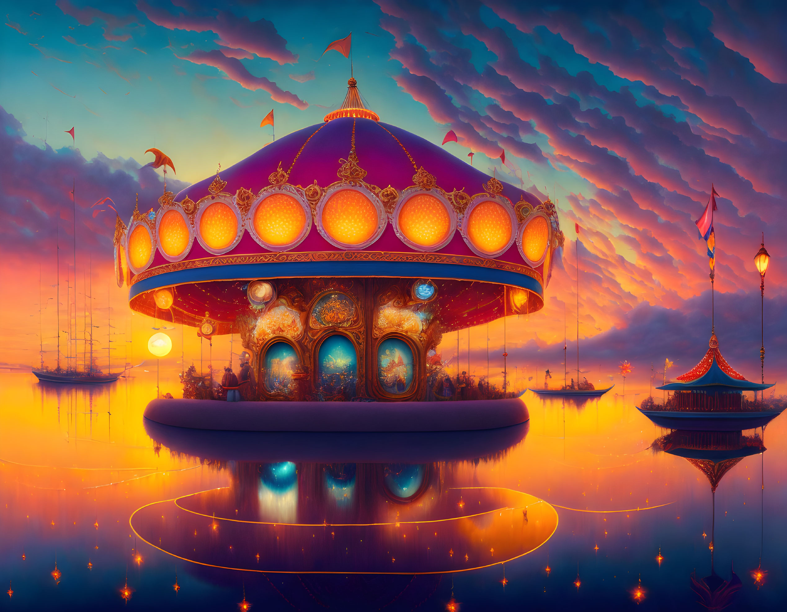 Colorful carousel on water at sunset with ornate design & magical sky