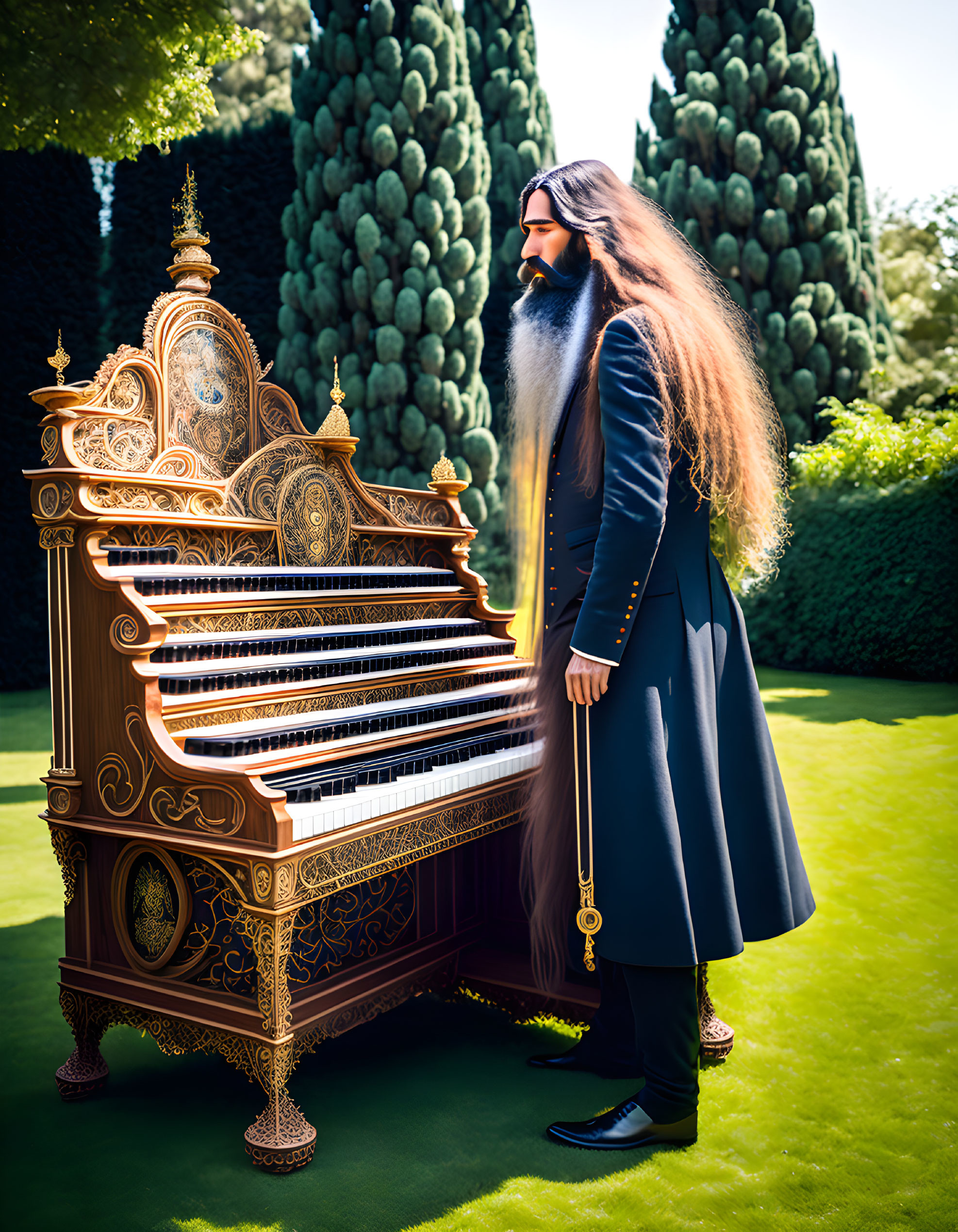 Man with long hair and beard next to ornate piano in garden