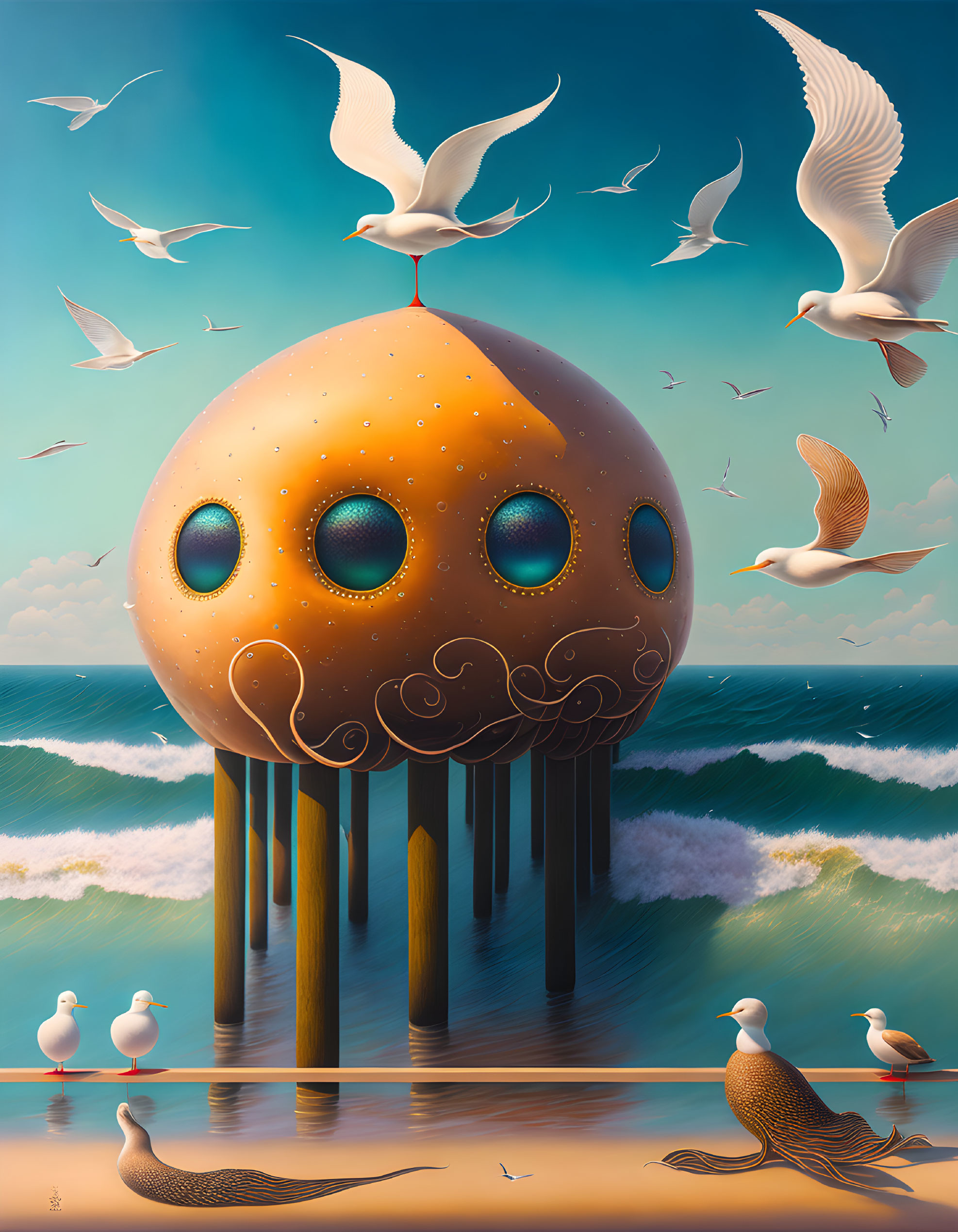 Surreal artwork: Orange dome on stilts above ocean waves