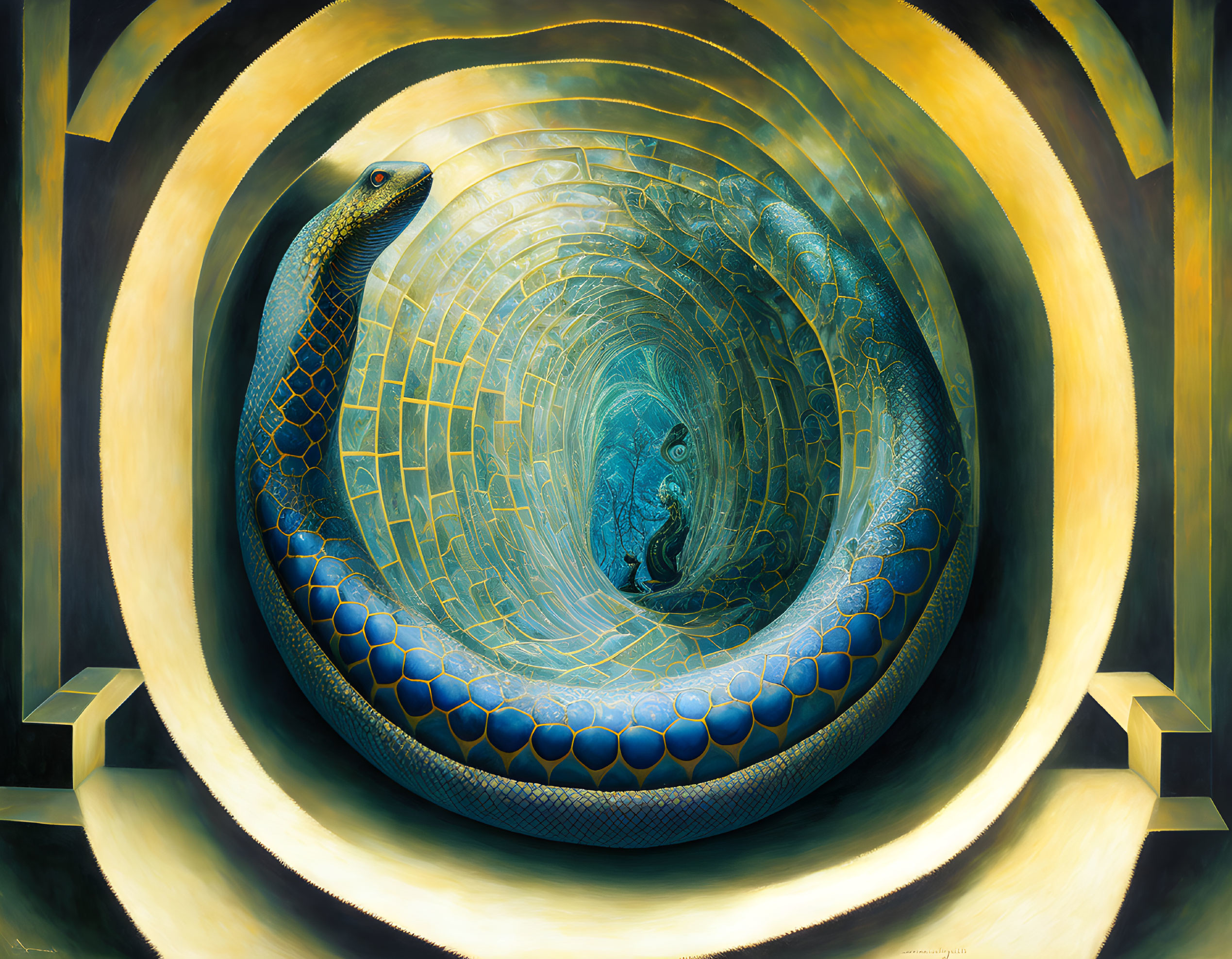 Surreal painting: Coiled snake around tunnel with geometric patterns & figure