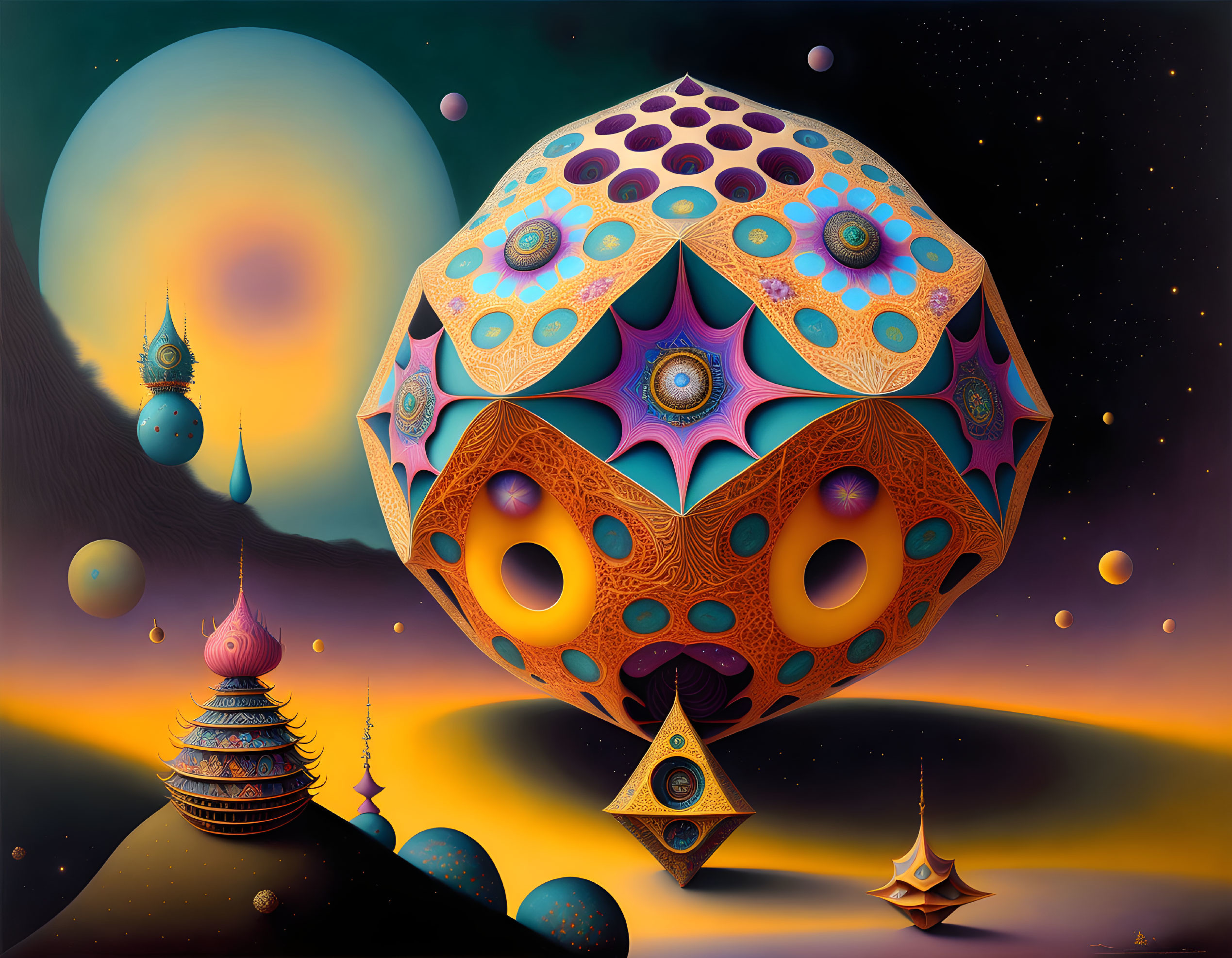 Intricate floating geometric sphere in exotic twilight landscape