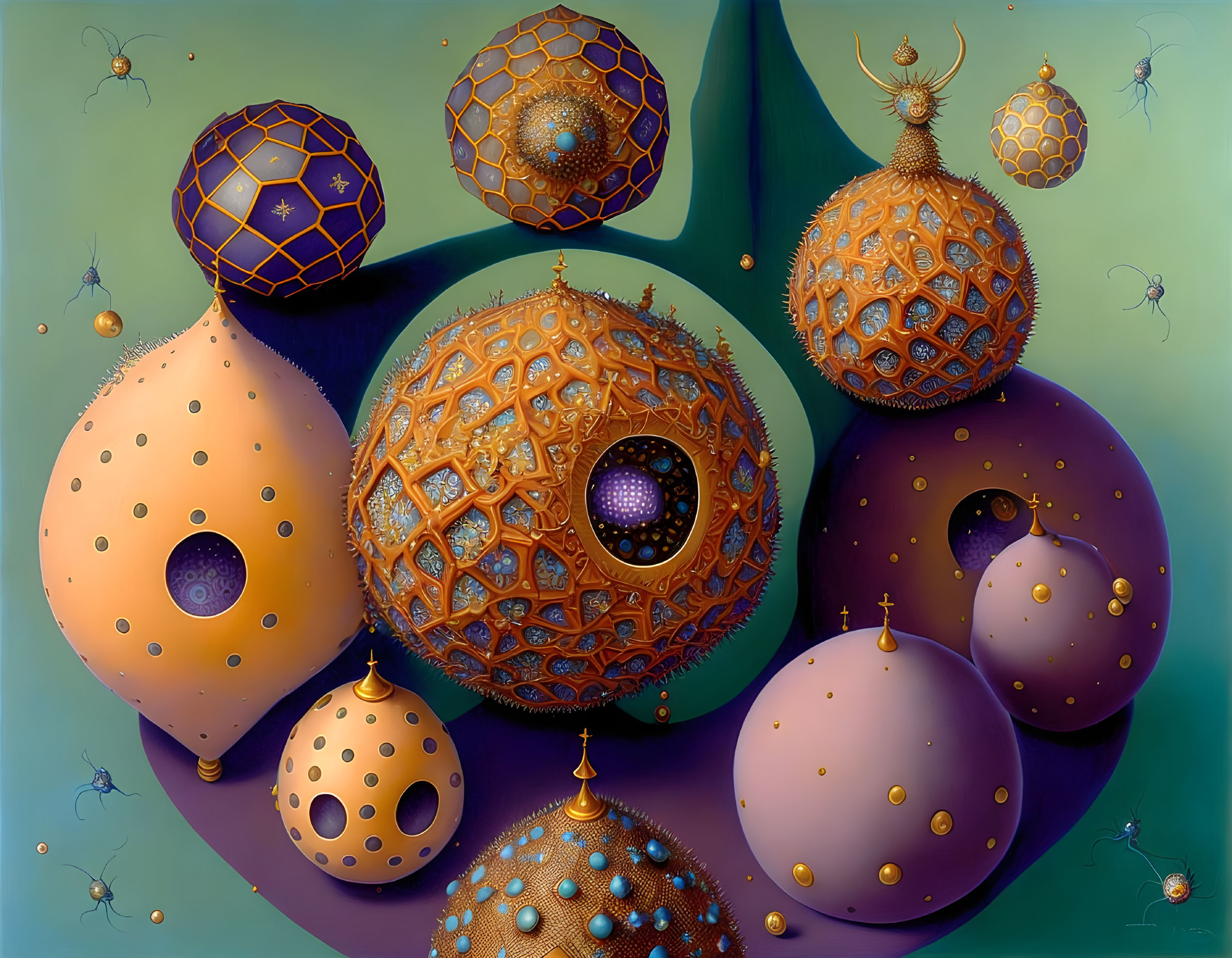 Ornate spheres with intricate patterns in surreal painting