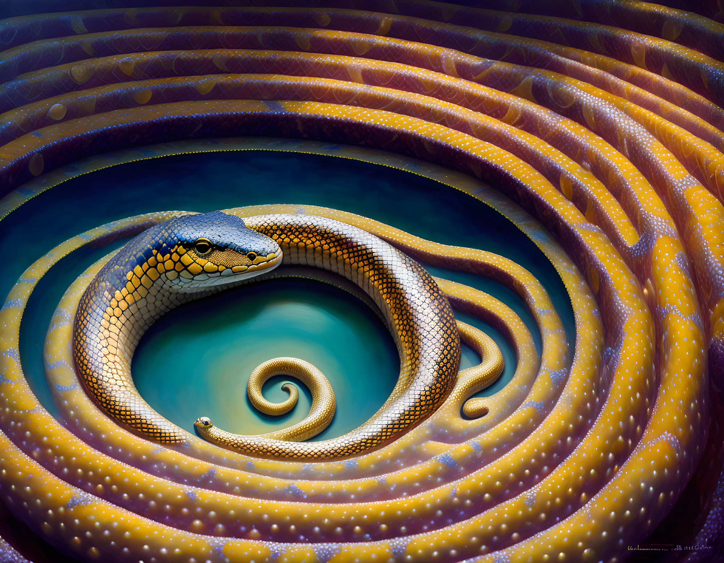 Patterned coiled snake in yellow and blue spiraling design