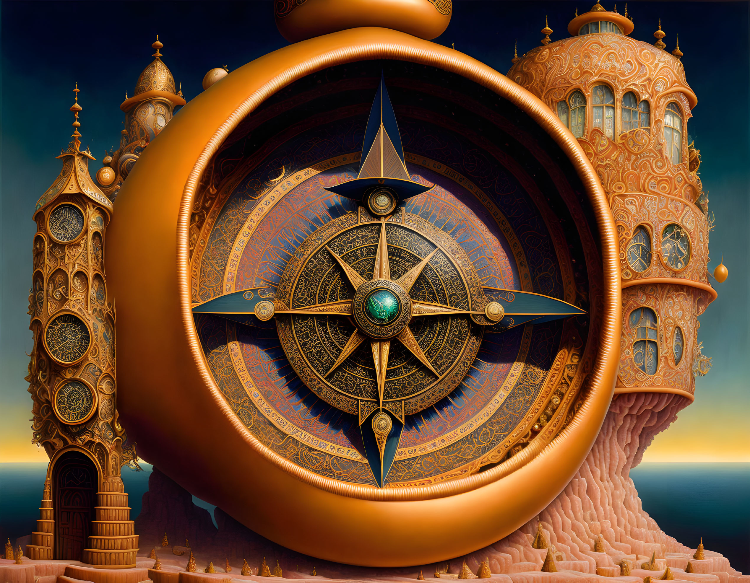 Ornate clock-like structure with intricate gears and towers in a fantastical setting