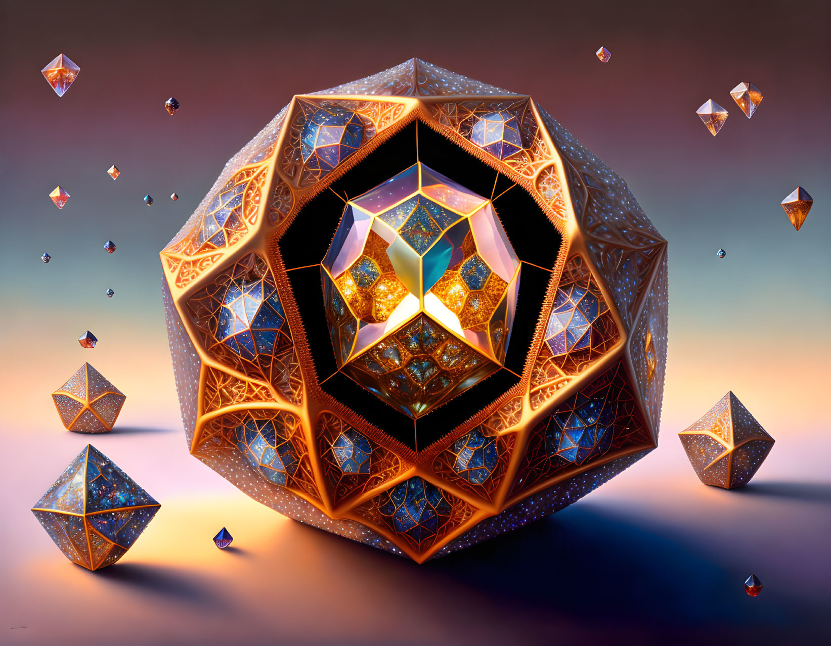 Intricate Glowing Geometric Structure on Warm Gradient Background