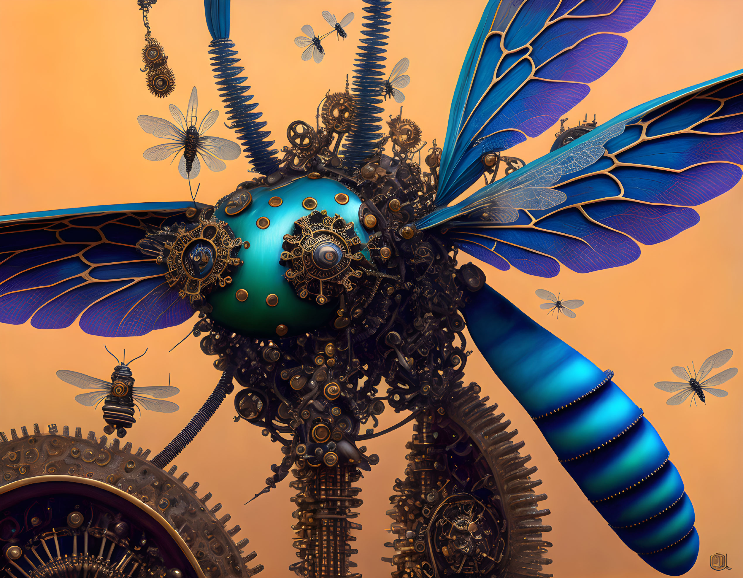 Steampunk mechanical dragonfly with blue wings and turquoise body on orange background