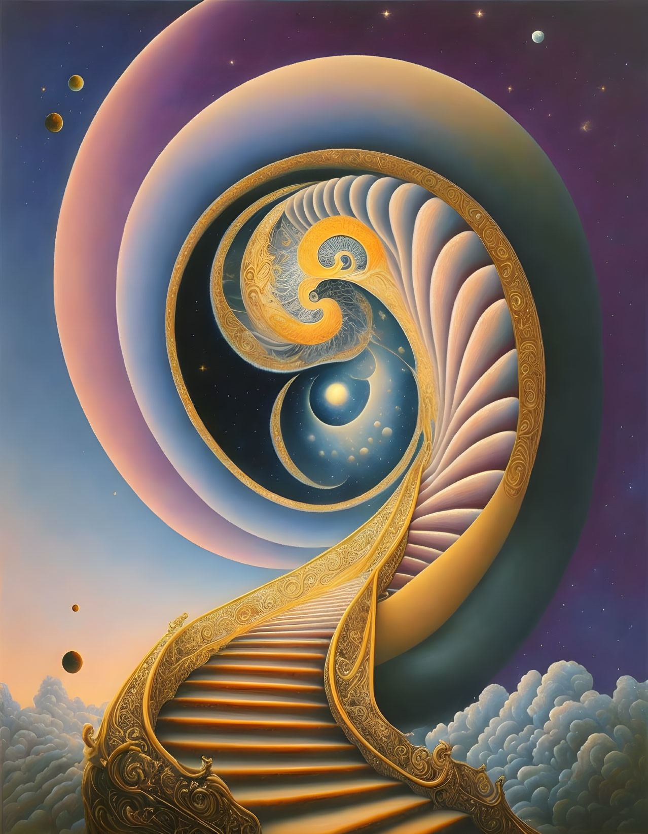 Cosmic painting: Staircase in swirling galaxy with warm colors